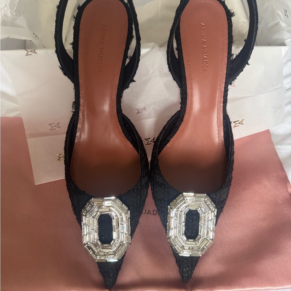 Amina Muaddi Black Heels with Silver Embellishment